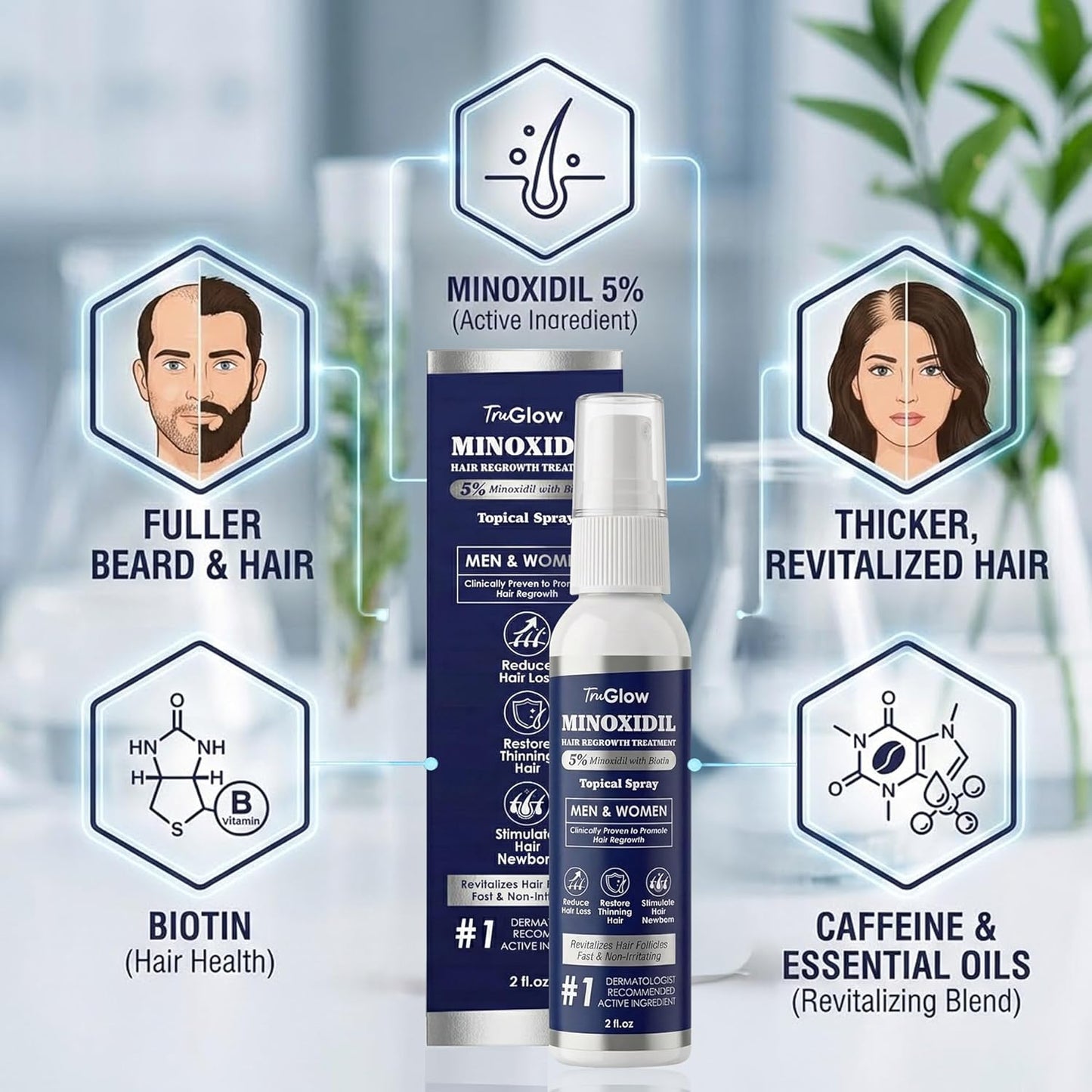 TruGlow 5% Minoxidil Hair Regrowth Treatment Spray for Men & Women