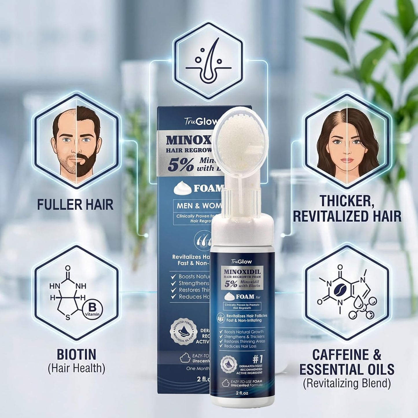 TruGlow 5% Minoxidil Hair Regrowth Treatment FOAM for Men & Women