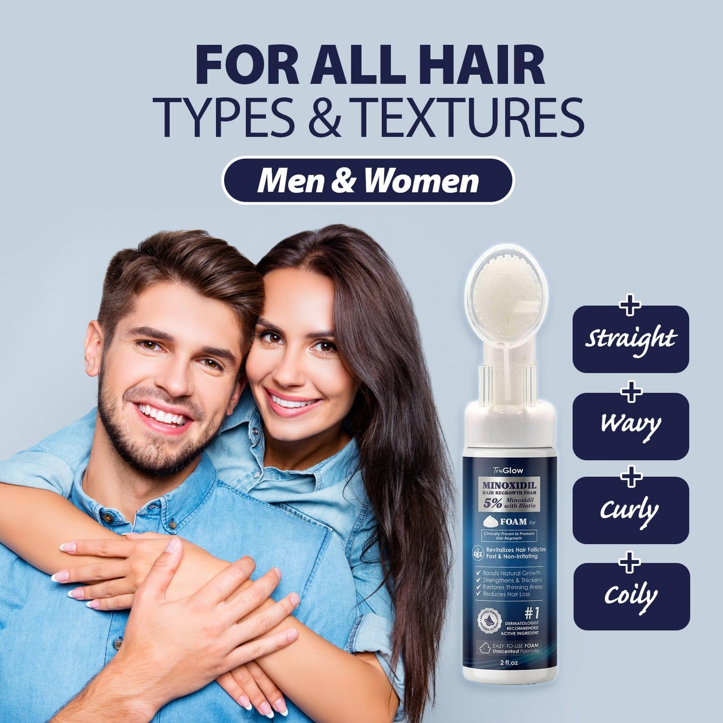 TruGlow 5% Minoxidil Hair Regrowth Treatment FOAM for Men & Women